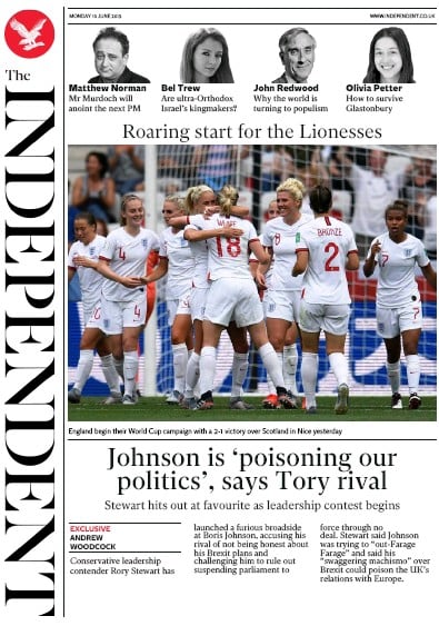 The Independent Newspaper Front Page (UK) for 10 June 2019