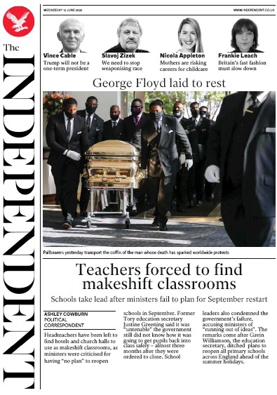 The Independent Newspaper Front Page (UK) for 10 June 2020