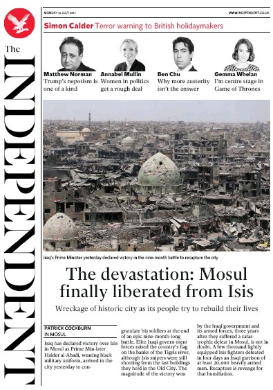 The Independent Newspaper Front Page (UK) for 10 July 2017