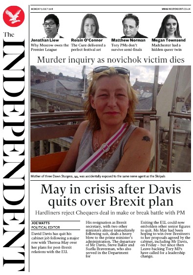 The Independent Newspaper Front Page (UK) for 10 July 2018
