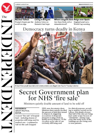 The Independent Newspaper Front Page (UK) for 10 August 2017