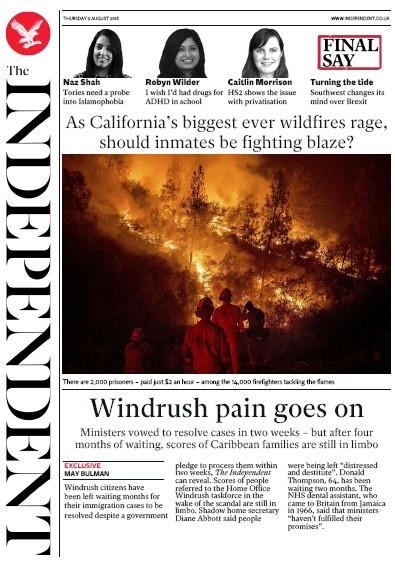 The Independent Newspaper Front Page (UK) for 10 August 2018