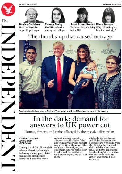 The Independent Newspaper Front Page (UK) for 10 August 2019