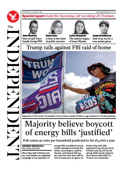 The Independent Newspaper Front Page (UK) for 10 August 2022