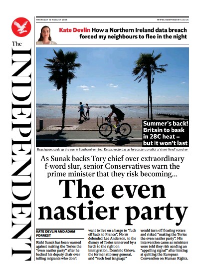 The Independent Newspaper Front Page (UK) for 10 August 2023