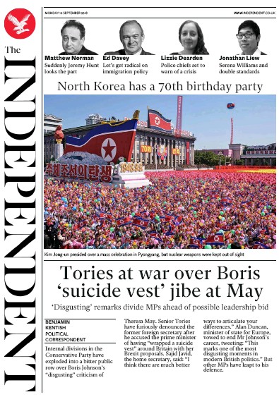 The Independent Newspaper Front Page (UK) for 10 September 2018