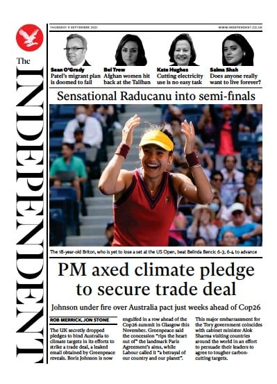 The Independent Newspaper Front Page (UK) for 10 September 2021
