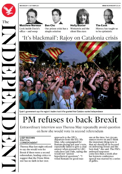 The Independent Newspaper Front Page (UK) for 11 October 2017