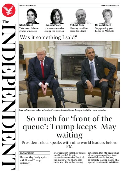 The Independent Newspaper Front Page (UK) for 11 November 2016