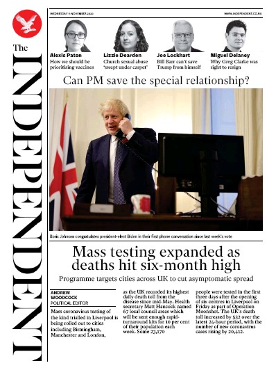 The Independent Newspaper Front Page (UK) for 11 November 2020