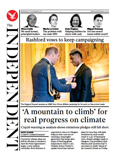 The Independent Newspaper Front Page (UK) for 11 November 2021