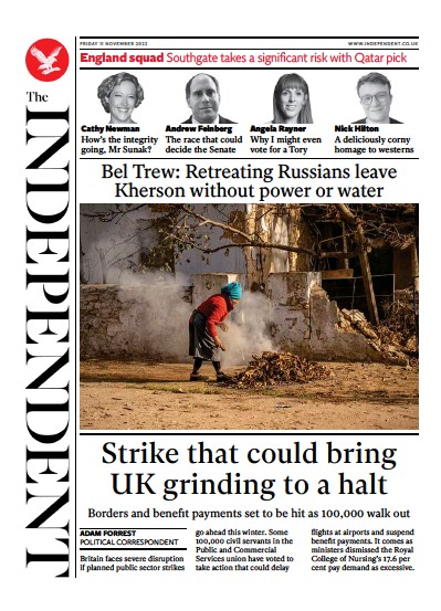 The Independent Newspaper Front Page (UK) for 11 November 2022