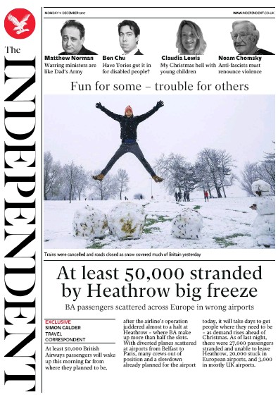 The Independent Newspaper Front Page (UK) for 11 December 2017