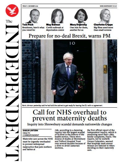 The Independent Newspaper Front Page (UK) for 11 December 2020