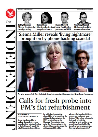 The Independent Newspaper Front Page (UK) for 11 December 2021