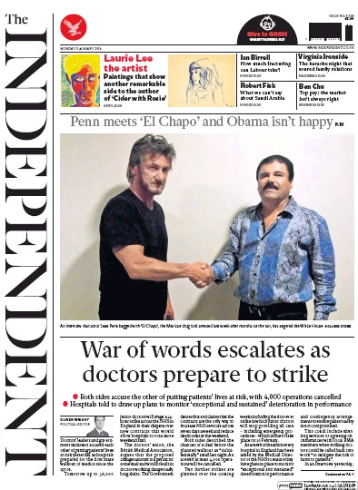 The Independent Newspaper Front Page (UK) for 11 January 2016