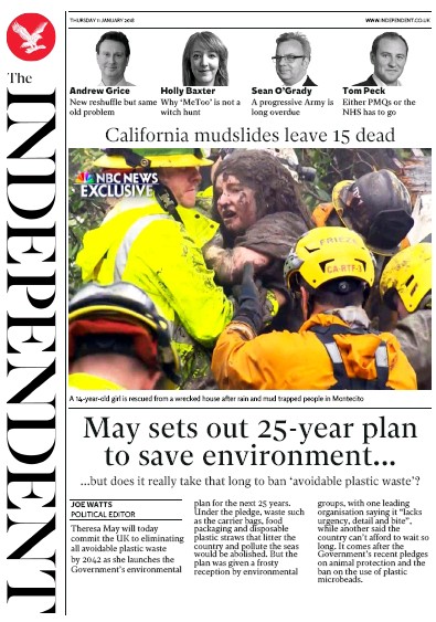 The Independent Newspaper Front Page (UK) for 11 January 2018