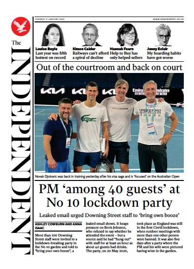 The Independent Newspaper Front Page (UK) for 11 January 2022