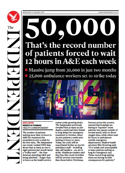 The Independent Newspaper Front Page (UK) for 11 January 2023