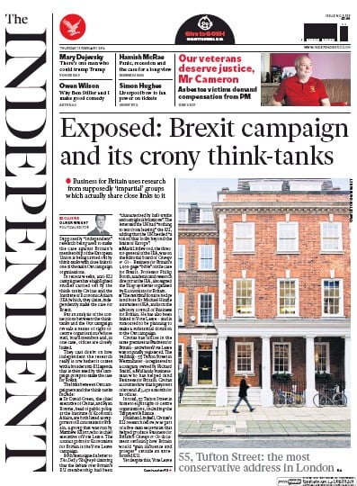 The Independent Newspaper Front Page (UK) for 11 February 2016