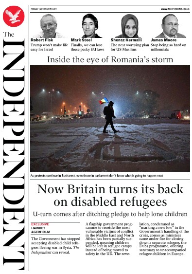 The Independent Newspaper Front Page (UK) for 11 February 2017