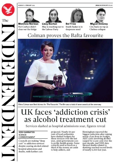 The Independent Newspaper Front Page (UK) for 11 February 2019