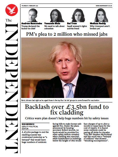 The Independent Newspaper Front Page (UK) for 11 February 2021