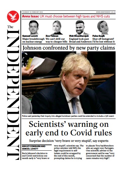 The Independent Newspaper Front Page (UK) for 11 February 2022