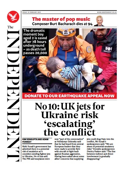 The Independent Newspaper Front Page (UK) for 11 February 2023