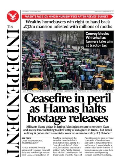 The Independent Newspaper Front Page (UK) for 11 February 2025