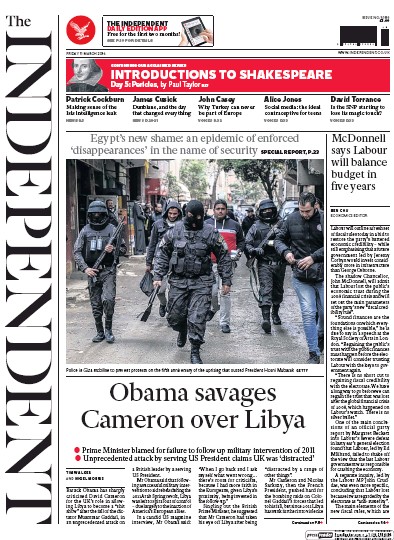 The Independent Newspaper Front Page (UK) for 11 March 2016