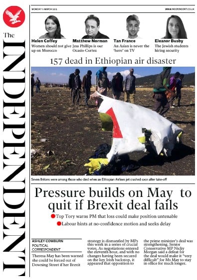 The Independent Newspaper Front Page (UK) for 11 March 2019