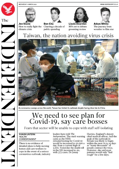 The Independent Newspaper Front Page (UK) for 11 March 2020
