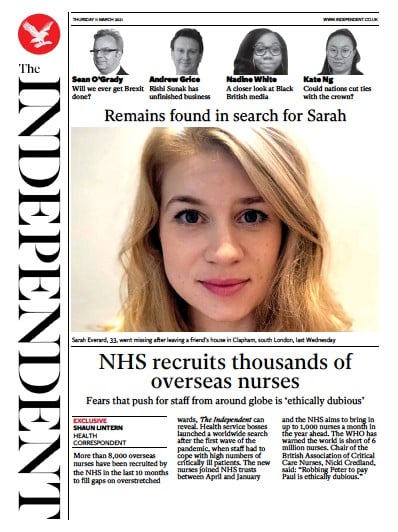 The Independent Newspaper Front Page (UK) for 11 March 2021