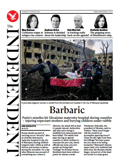 The Independent Newspaper Front Page (UK) for 11 March 2022