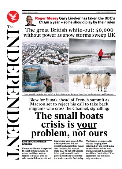 The Independent Newspaper Front Page (UK) for 11 March 2023