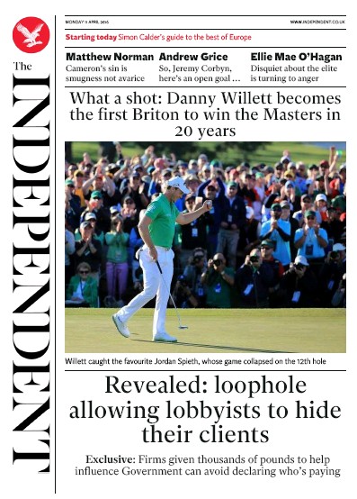 The Independent Newspaper Front Page (UK) for 11 April 2016