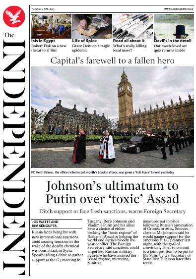 The Independent Newspaper Front Page (UK) for 11 April 2017
