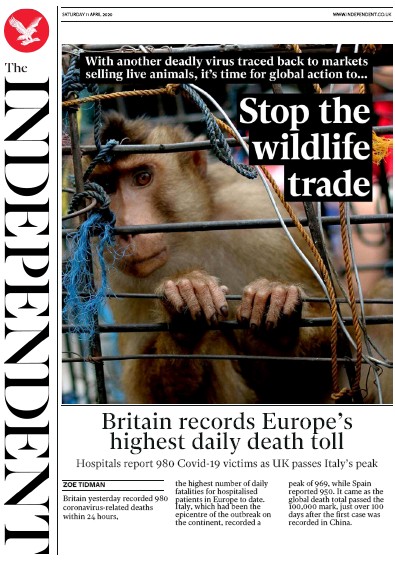 The Independent Newspaper Front Page (UK) for 11 April 2020