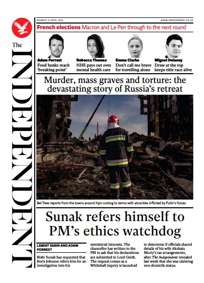 The Independent Newspaper Front Page (UK) for 11 April 2022
