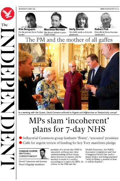 The Independent Newspaper Front Page (UK) for 11 May 2016