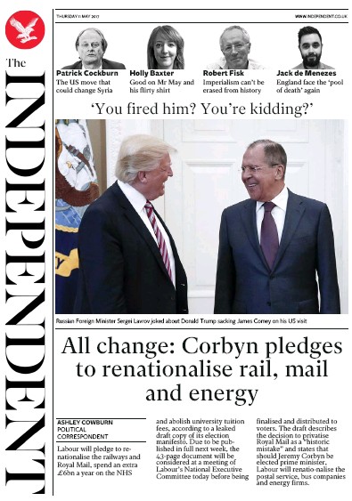 The Independent Newspaper Front Page (UK) for 11 May 2017