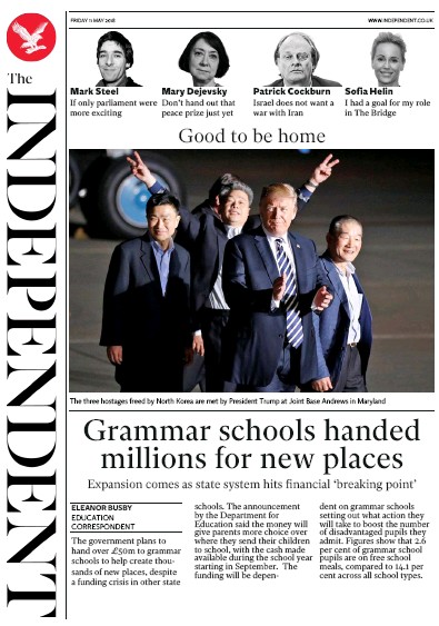 The Independent Newspaper Front Page (UK) for 11 May 2018