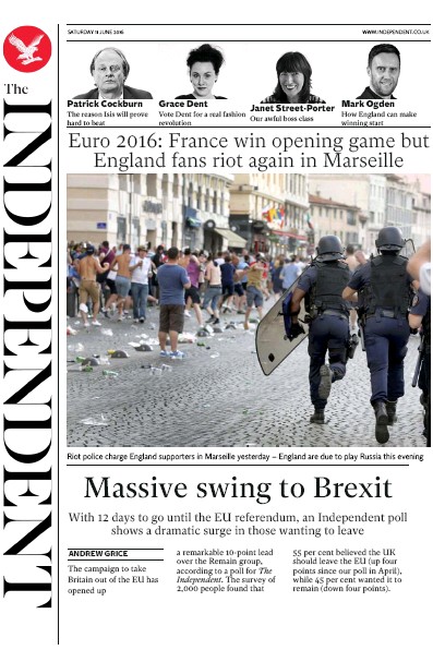 The Independent Newspaper Front Page (UK) for 11 June 2016