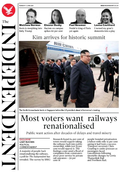 The Independent Newspaper Front Page (UK) for 11 June 2018