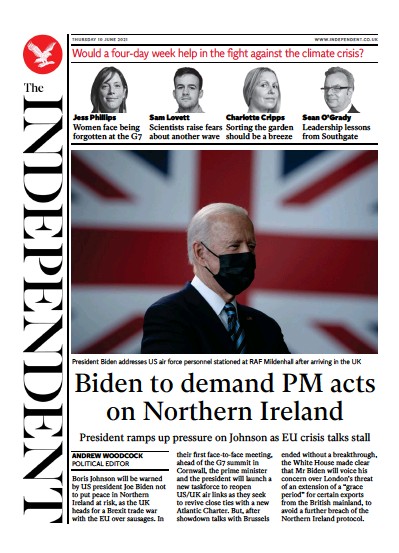 The Independent Newspaper Front Page (UK) for 11 June 2021