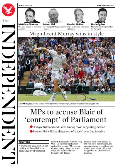 The Independent Newspaper Front Page (UK) for 11 July 2016