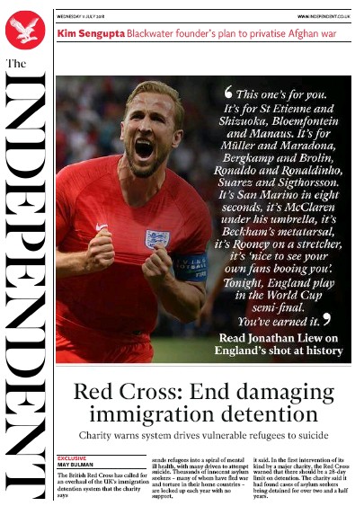 The Independent Newspaper Front Page (UK) for 11 July 2018