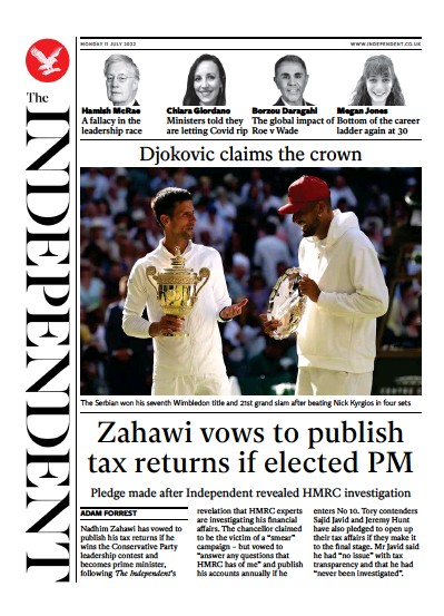 The Independent Newspaper Front Page (UK) for 11 July 2022