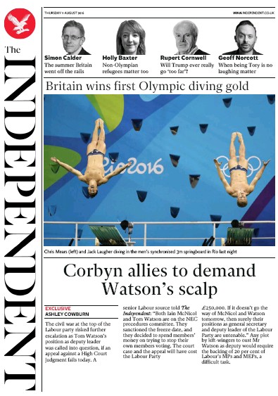 The Independent Newspaper Front Page (UK) for 11 August 2016